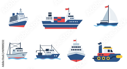 Collection of Diverse Nautical Vessels, Including Cruise Ship, Cargo Ship, Sailboat, and Tugboat.