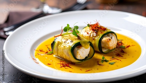 Gourmet zucchini rolls with saffron sauce