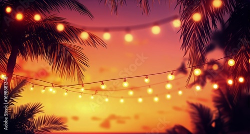 Tropical Sunset With String Lights Illuminating Palm Trees at the Beach.