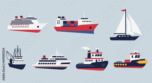 Collection of Diverse Vessel Illustrations - Cruise Ship, Cargo Ship, Sailboat, Fishing Boat, Tugboat.