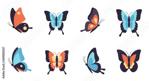 Collection of Eight Colorful Cartoon Butterflies with Varied Wing Positions and Designs.