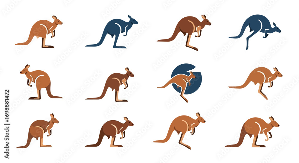 Obraz premium Collection of stylized kangaroo illustrations in various dynamic poses, featuring brown and blue hues.