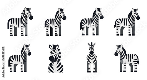 Collection of Stylized Cartoon Zebras in Various Poses and Views.