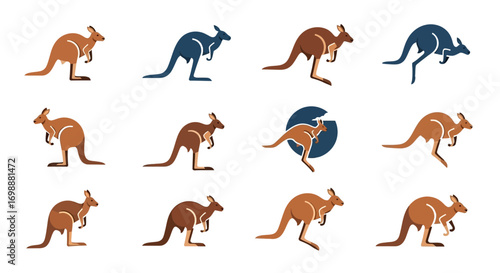 Collection of stylized kangaroo illustrations in various dynamic poses, featuring brown and blue hues.