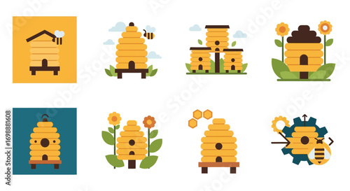 Colorful Cartoon Honeycomb Hives in Various Styles and Settings.