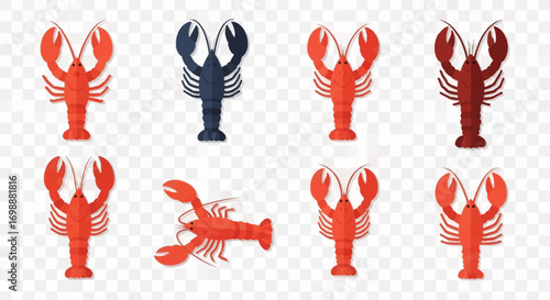 Eight stylized lobster illustrations - red, dark red, and blue variations, upright and lateral poses.