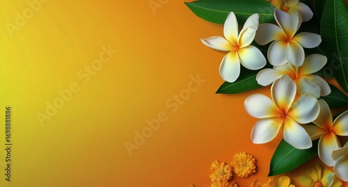 Close-up of Frangipani and Yellow Flowers Arrangement on an Orange Surface.