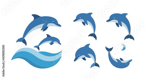 Playful blue cartoon dolphins jumping and swimming with a stylized ocean wave set.