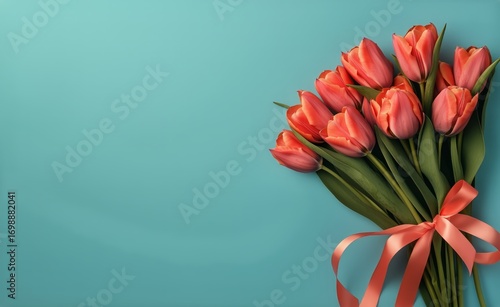 Bouquet of Red Tulips With Ribbon Lies on a Simple Light Blue Background