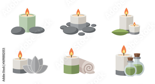 Set of Six Decorative Spa Candles with Natural Elements.