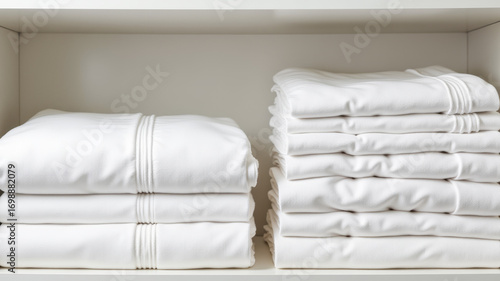 Stack of folded white bed linens arranged neatly on a shelf for organized linen storage