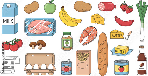 Supermarket Grocery Vector Illustrations – Fresh & Processed Foods, Fruits, Vegetables, Meat, Fish, Eggs, Baguette, Pasta, Beverages & Healthy