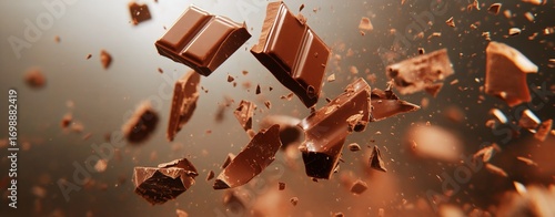 Chunks of Delicious Dark Chocolate Pieces Are Suspended in the Air