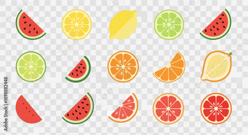 Vibrant flat design fruit slices and whole citrus, watermelon, and grapefruit collection.