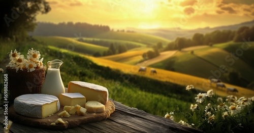 Rural Landscape With Assorted Cheeses, Milk, and Herd of Cattle in Green Fields.