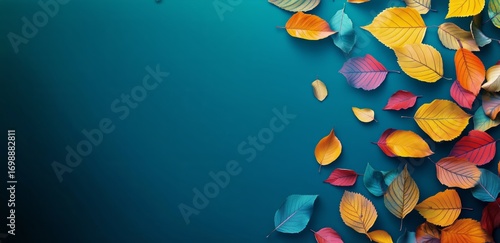 Colorful Autumn Leaves Arranged on a Teal Background Provide a Nice Season Feel.