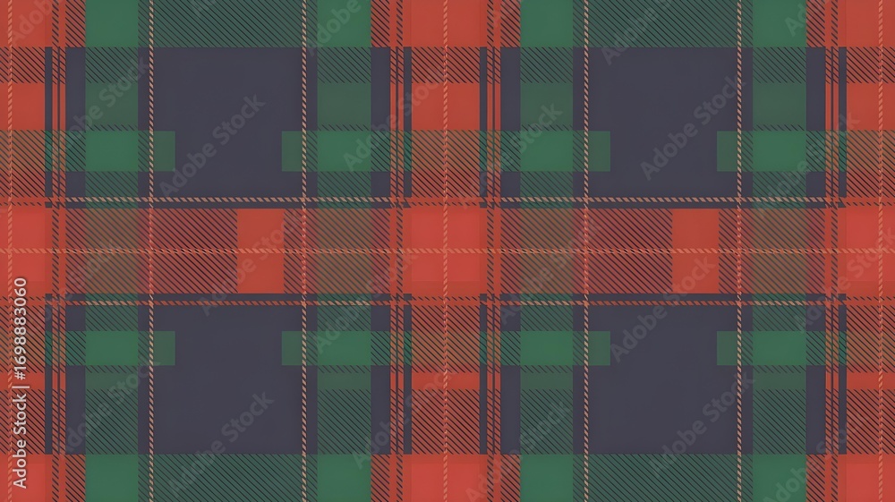 Obraz premium Classic red, green, and navy blue tartan plaid pattern, a traditional textile design with intersecting stripes and squares, perfect for fabric or background