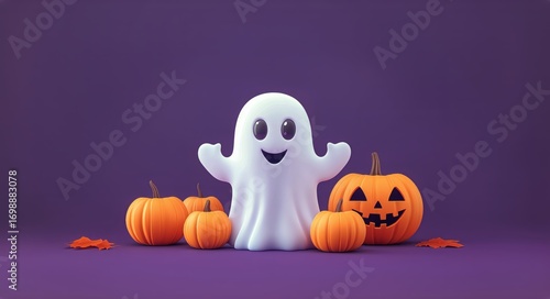 Cartoon Ghost With Pumpkins Celebrate Happy Halloween on Purple Background.