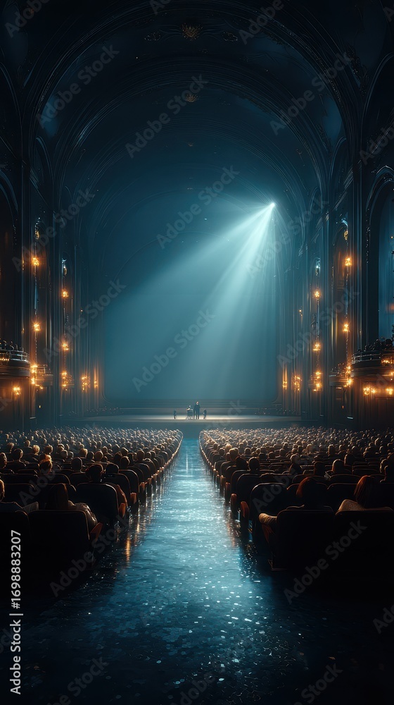 Naklejka premium Elegant theater interior with dramatic lighting and captivated audience during a captivating performance at night