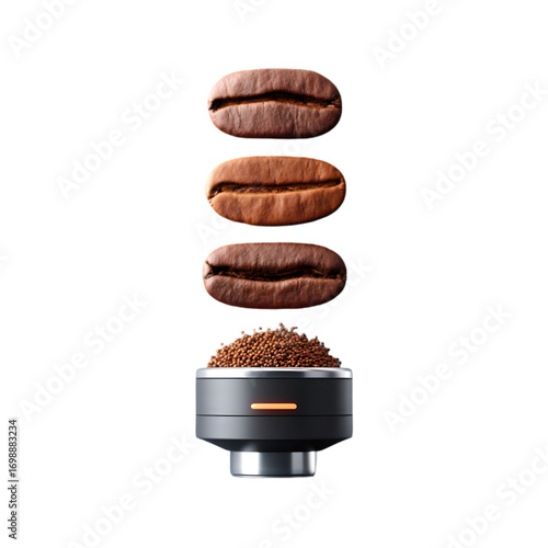 components of a traditional espresso: roasted coffee beans, crema swirl, steam vapor, and metallic portafilter spout, all in layered sequence