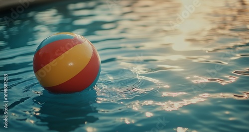 Orange and White Striped Beach Ball Floats in a Blue Outdoor Swimming Pool.