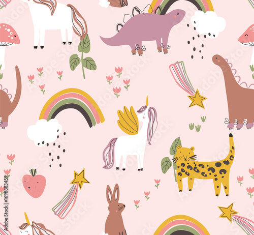 seamless pattern with animals, Seamless Childish pattern with cute unicorn and rainbow clouds, strawberry,tiger,Dino,bunny, flower, leaf creatives vector childish background background on light pink. 
