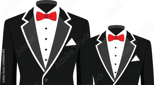 Tuxedo vector illustration with red bow ties, black formal suits for men and boys, elegant wedding outfit, classy fashion clipart design