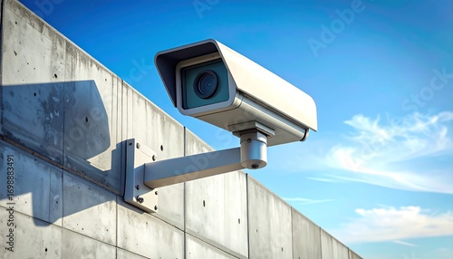Security camera mounted on concrete wall under blue sky