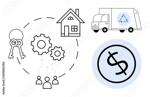 Keys, house, moving truck, gears, people, money sign arranged to represent housing process, teamwork, logistics real estate finance homeownership and investment. Ideal for processes systems