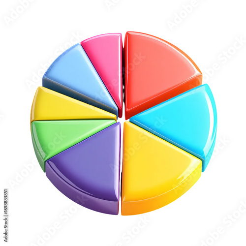Flat 3D style colorful pie chart with glossy effect, isolated on a white background