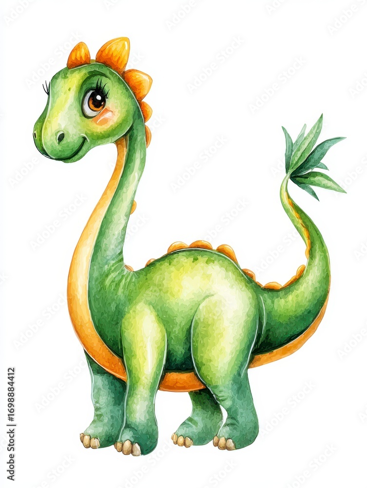 Fototapeta premium Charming illustration of a playful long-necked dinosaur with vibrant orange spikes