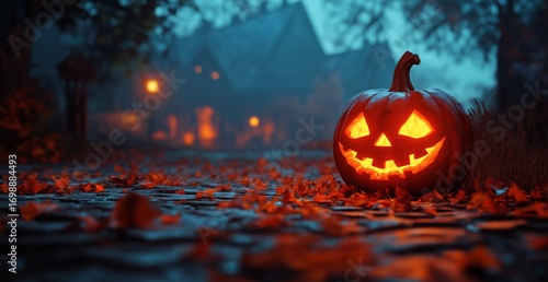 Lit Jack O Lantern Sits on a Cobblestone Path on a Foggy Halloween Night