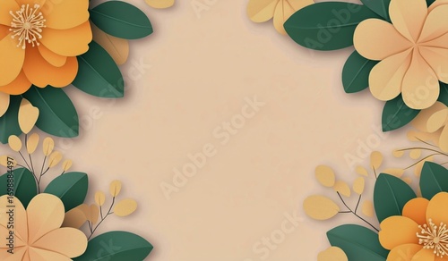 Elegant Beige Background Featuring Yellow and Orange Floral Elements and Gree...