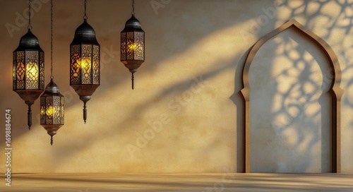 Decorative Lanterns Hang Near an Archway Casting Shadows During the Islamic H...