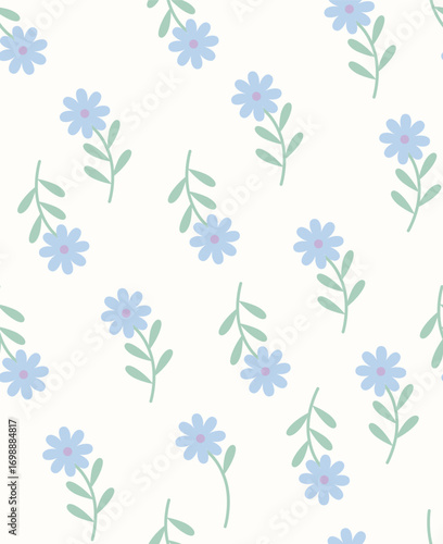 Seamless floral pattern with daisy flowers on white background, Hand-drawn botanical daisy floral pattern, of flowers, blue and green, wallpapers, textile etc.