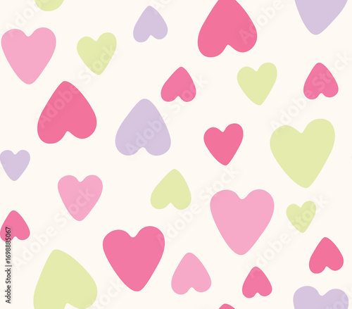 Abstract seamless pattern with pink, green, purple hearts. Vector illustration for textile print, scrapbook, sweat-top dresses, background cream