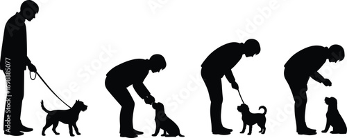 Silhouette series showing a person walking and interacting with a dog in various poses, showcasing a relationship between human and pet in different outdoor activities