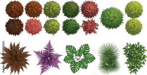 Set of isolated 3D foliage bush illustrations, various colorful and lush bushes in different shapes and sizes, ideal for nature, gardening, landscape designs, and greenery-themed projects