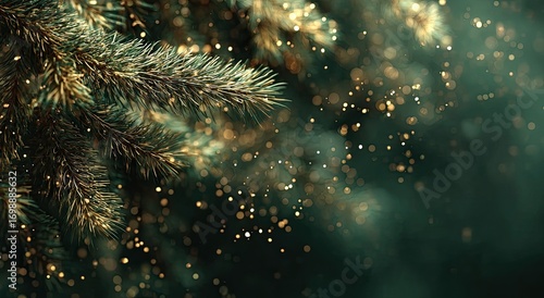 Wallpaper Mural Close-up of pine branch with golden sparkles, dark teal background Torontodigital.ca