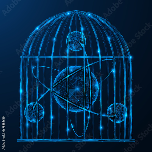A nuclear atom enclosed in a cage. The concept of limiting science, containing technology, or controlling energy. Polygonal design of interconnected lines and dots, blue background.