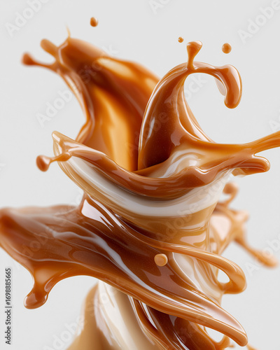 Product photo of abstract caramel splash sculpture with glossy ribbons and droplets frozen mid-air isolated on pure white background
