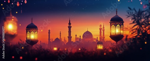 Glowing Lantern Illuminates a Reflective Surface During Ramadan in the Middle...
