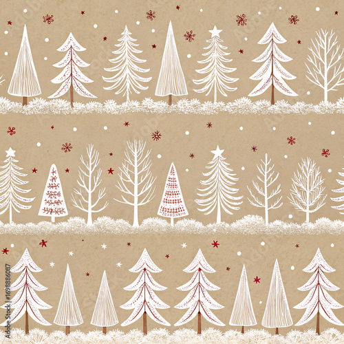 Wallpaper Mural Seamless eco paper with hand-drawn white Christmas tree borders, rustic holiday backdrop. Torontodigital.ca