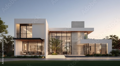 Modern, minimalist house facade at dawn