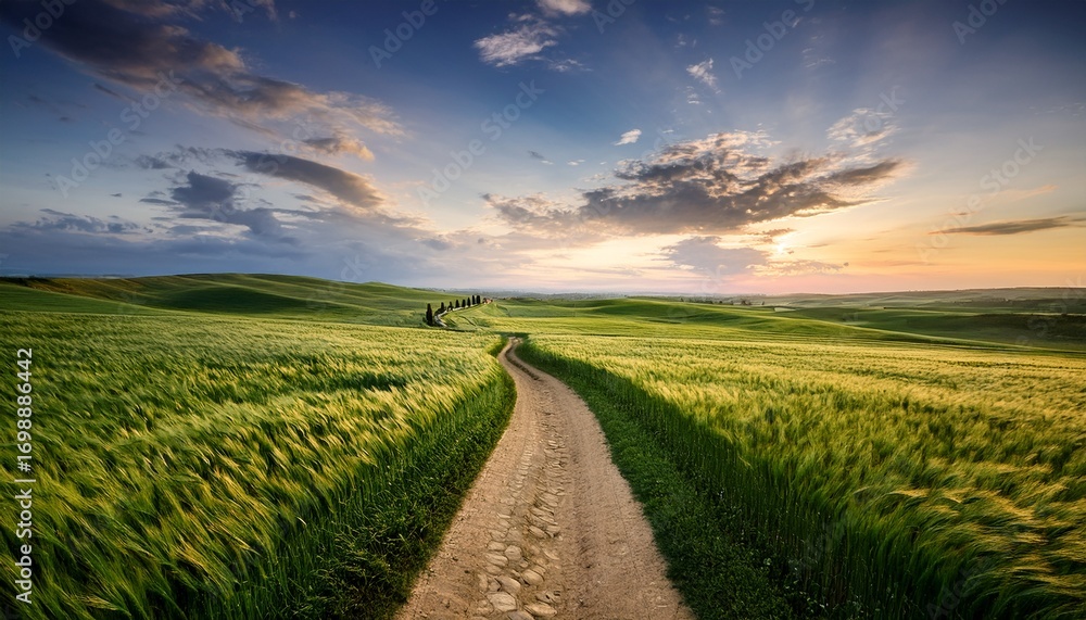 Obraz premium journey s embrace a winding dirt path invitingly meanders through a vibrant expanse of green fields a pathway toward the horizon beneath a dynamic sky