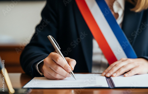 Femme élue marie signant un contrat de mariage