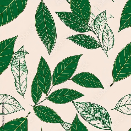 Seamless pattern of green leaves on a beige background