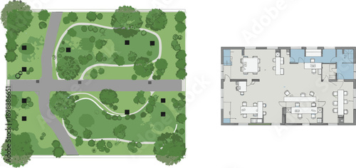Modern park landscape layout with curved pathways, greenery, trees, and building office floor plan design for architectural, landscape, and urban planning purposes, top-down view
