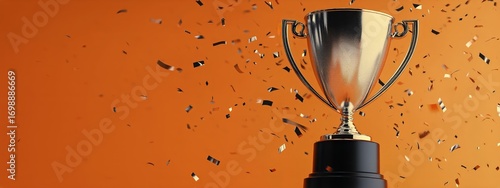 Gold Trophy Stands Against Orange Background With Falling Confetti Celebratin...