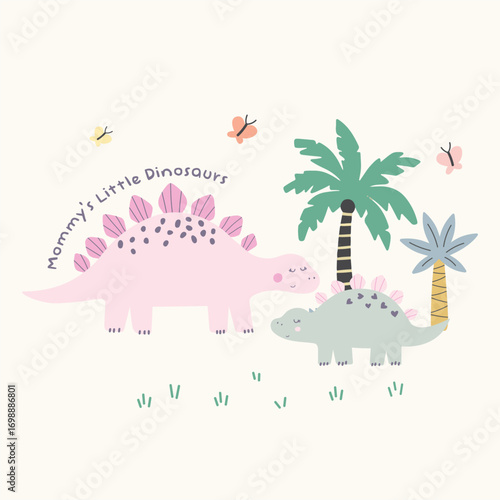 vector illustration of a tropical island And dinosaurs and insect butterflies, Dinosaur. Kids cartoon Dino, Little Dino with mummy animal ,butterfly, palm tree, cute and Childish Dino graphic